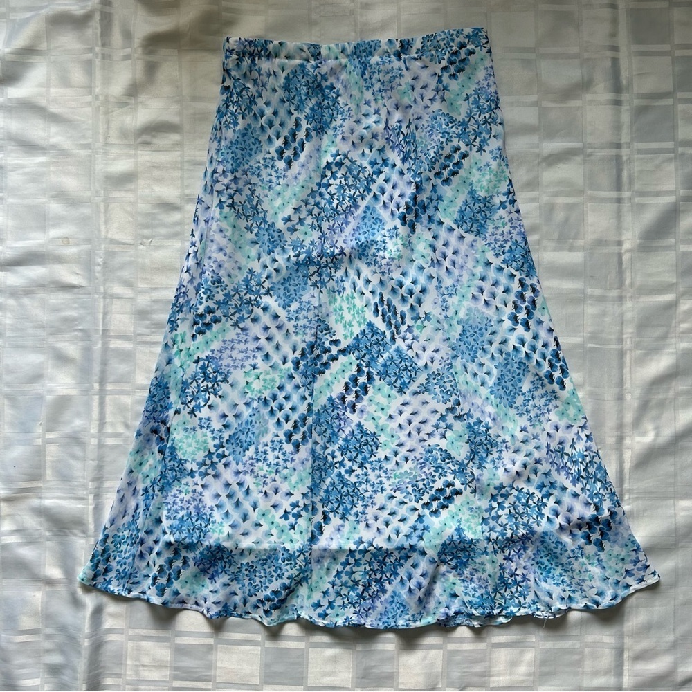 Tanjay 90s Mid-length Aline Sheer Overlay Blue Floral Skirt